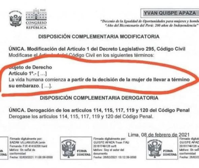 Perú elimina leyes impías que destruían la dignidad de la vida humana